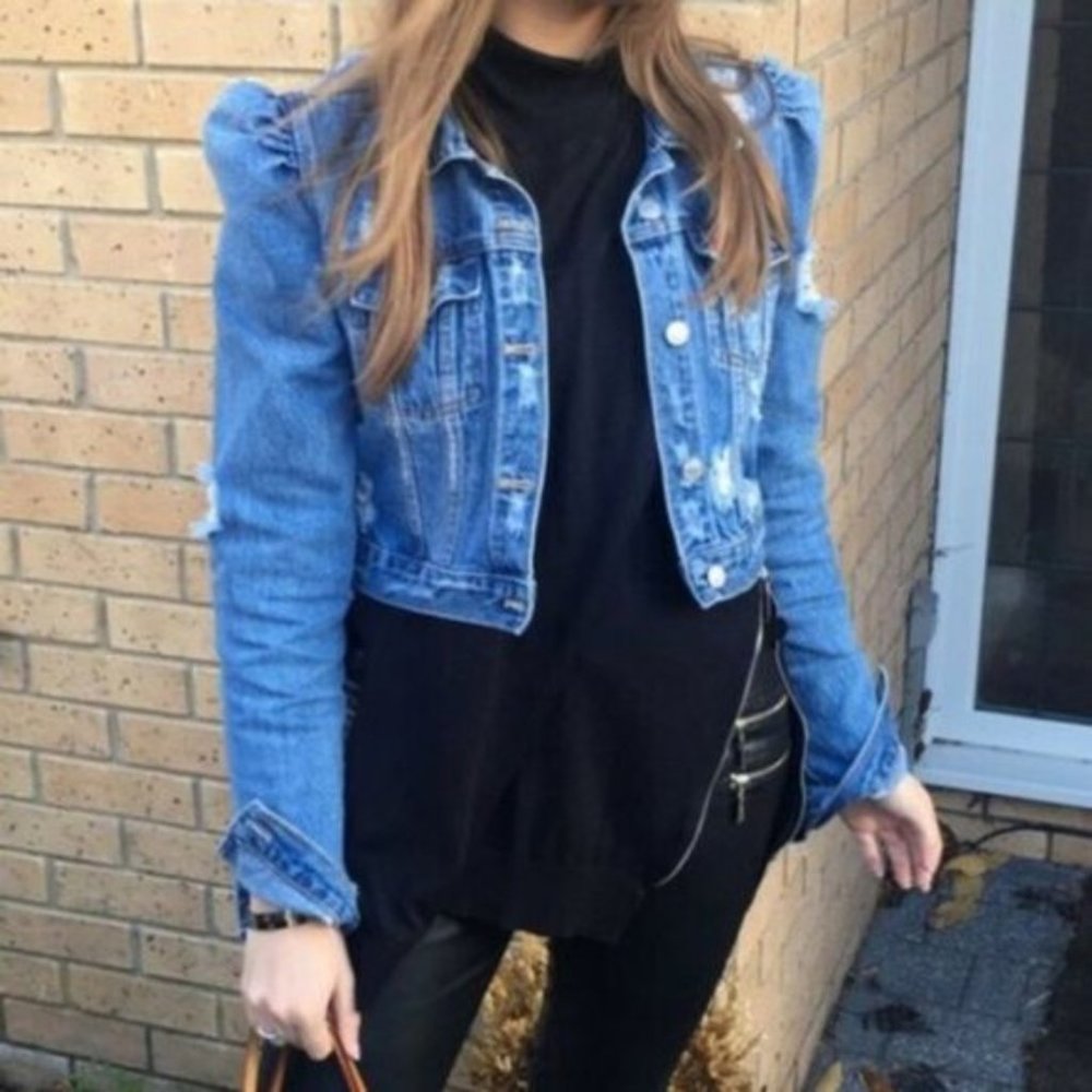 Zara Puffed Sleeves Distressed Ripped Denim Jacket